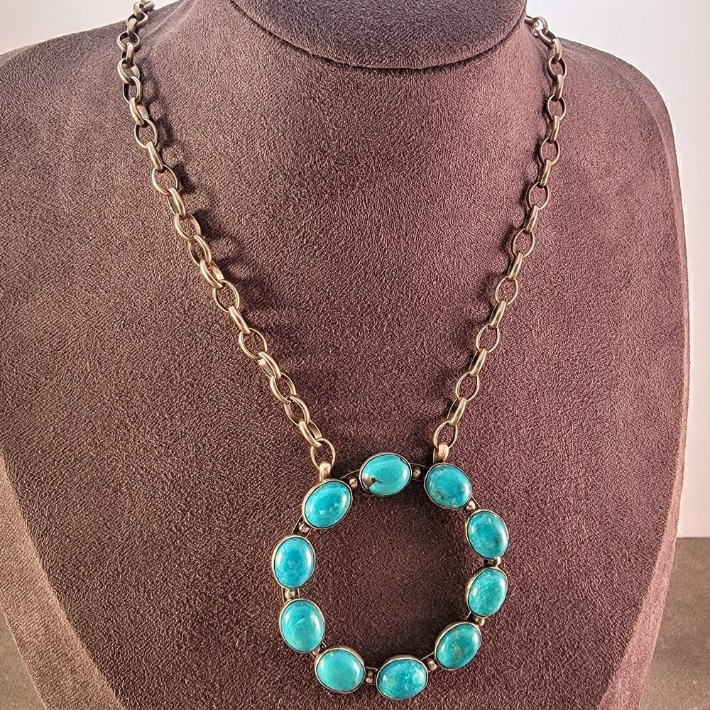 Sterling Dorothy Secatero Navajo Kingman Blue Turquoise Circle Necklace - Picture 6 of 13